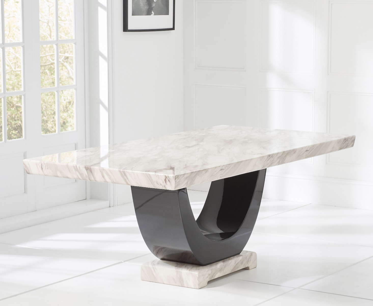 Photo 1 of Raphael 200cm cream and black pedestal marble dining table