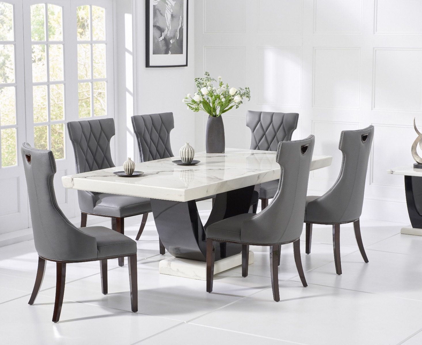 Raphael 170cm White Pedestal Marble Dining Table With Freya Chairs