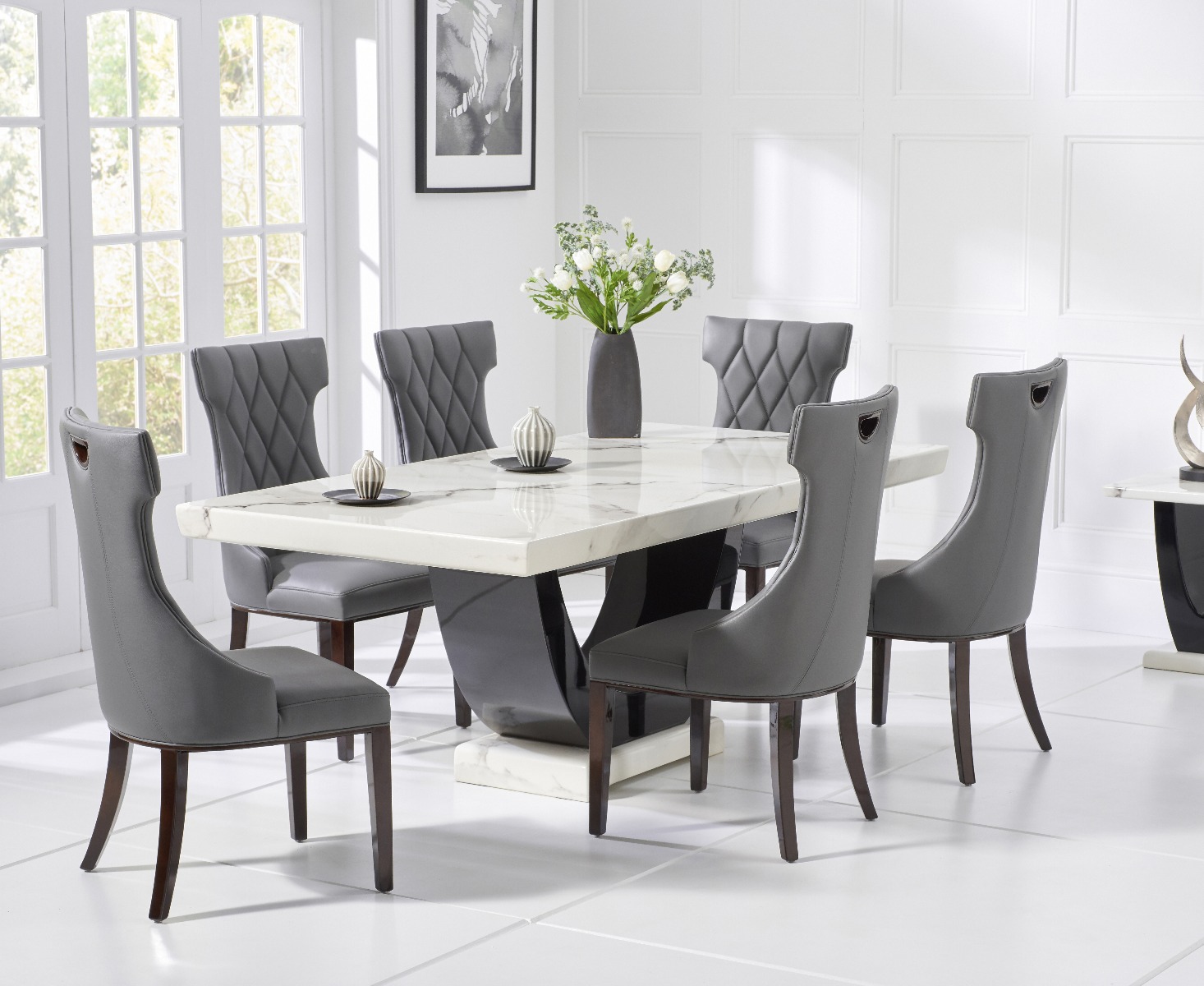 Product photograph of Raphael 170cm White And Black Pedestal Marble Dining Table With 6 Grey Sophia Chairs from Oak Furniture Superstore