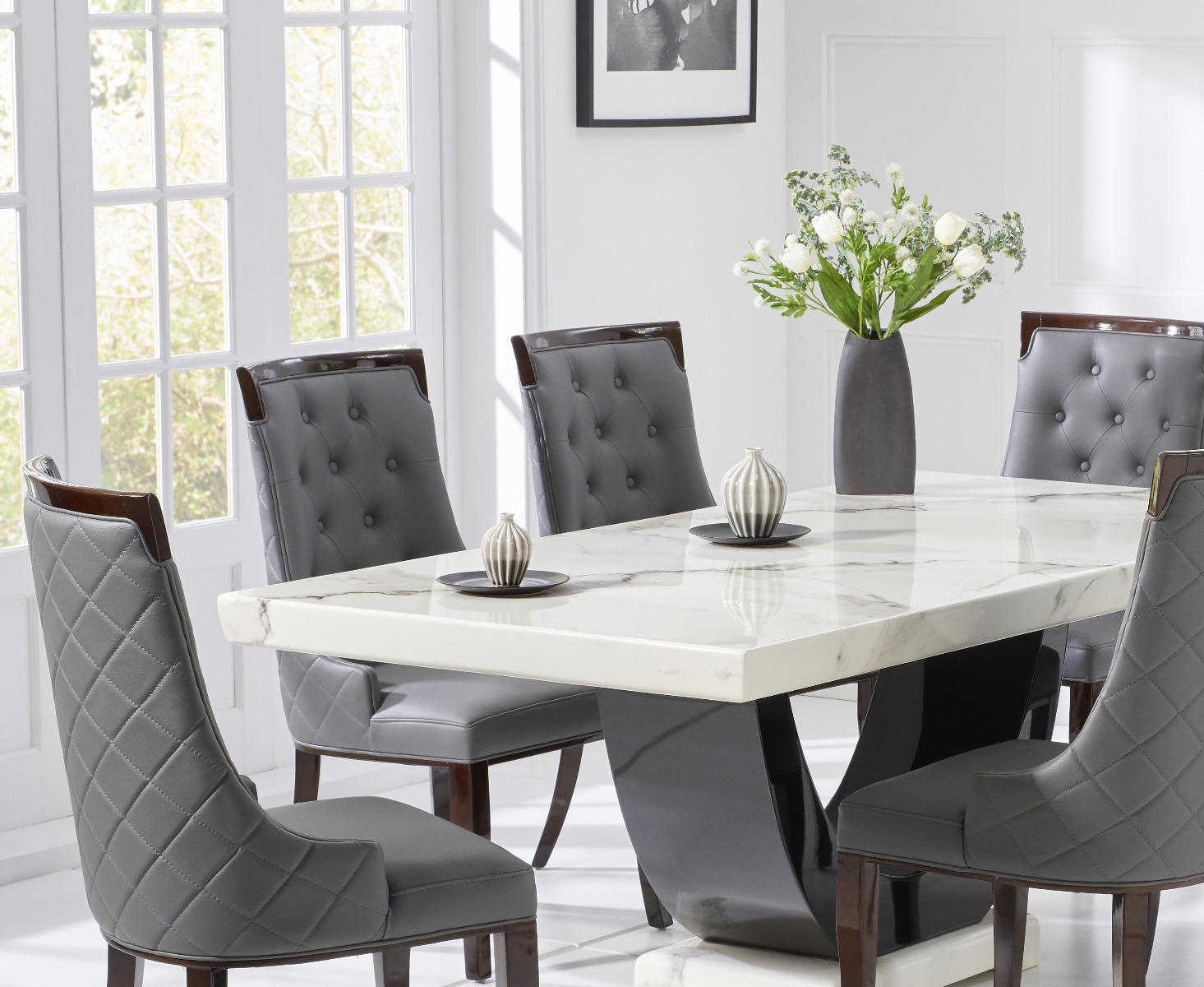 Photo 2 of Novara 170cm white and black pedestal marble dining table with 6 cream francesca chairs
