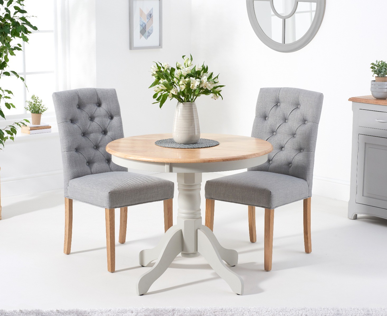 Epsom 90cm Oak And Grey Painted Dining Table With 2 Grey Isabella Fabric Chairs