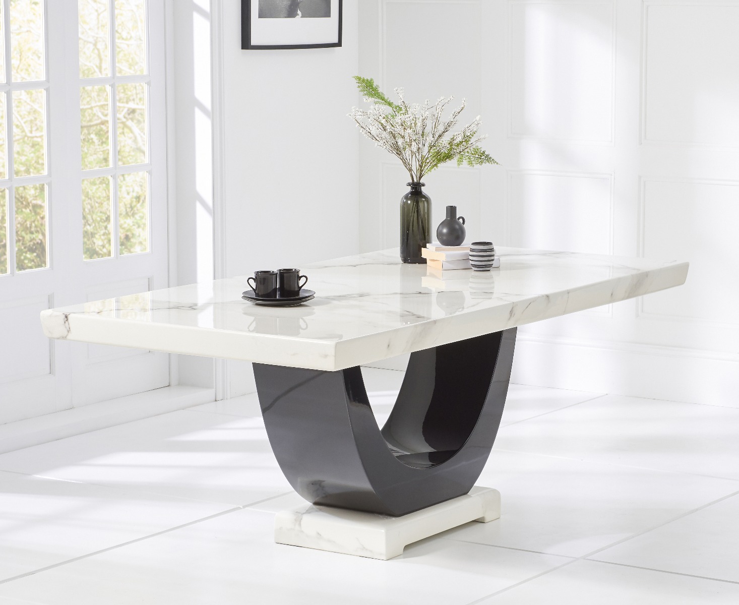Photo 3 of Raphael 170cm white and black pedestal marble dining table with 4 cream francesca chairs
