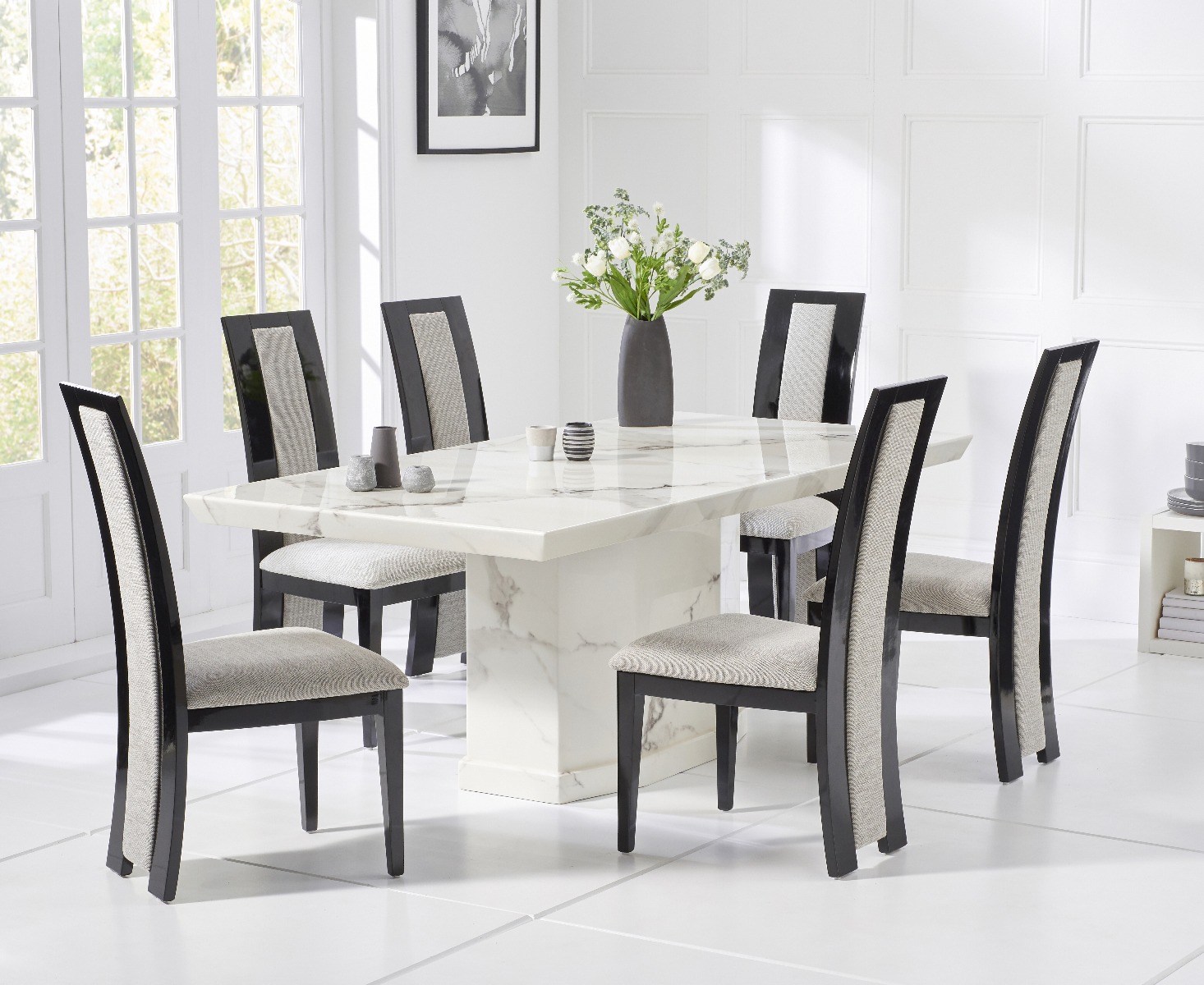 Product photograph of Carvelle 200cm White Pedestal Marble Dining Table With 12 Black Novara Chairs from Oak Furniture Superstore