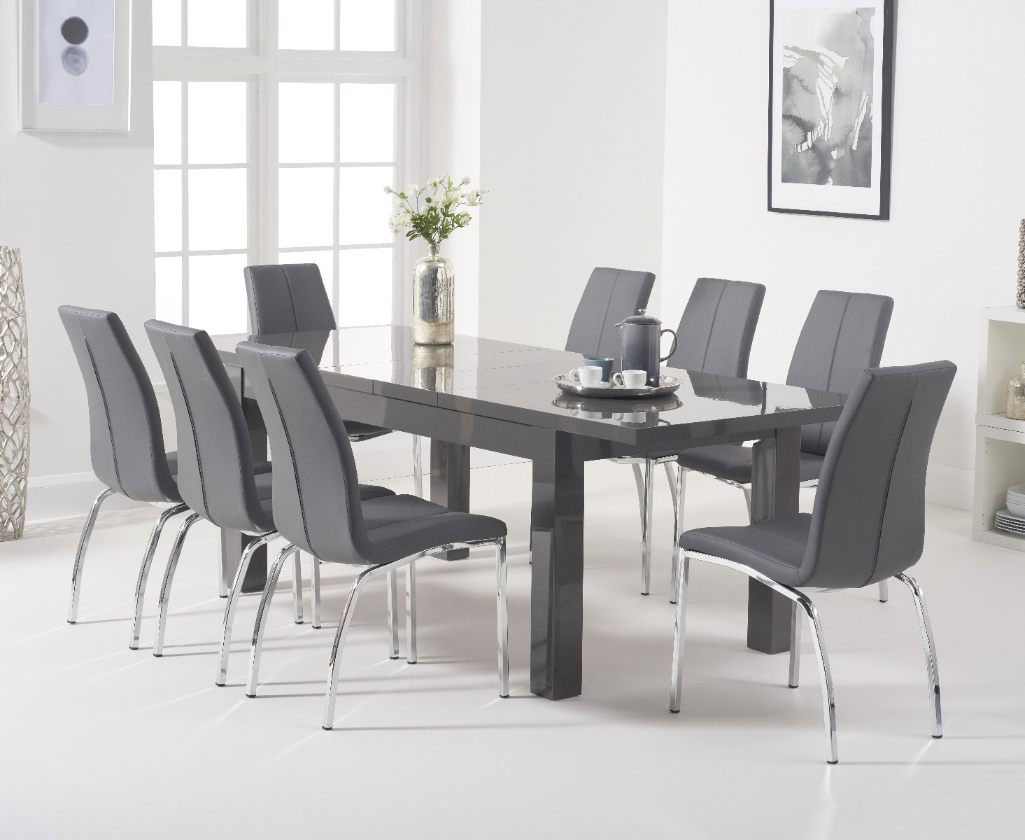 Product photograph of Extending Seattle Dark Grey Gloss 160-220cm Dining Table With 6 Black Marco Chairs from Oak Furniture Superstore