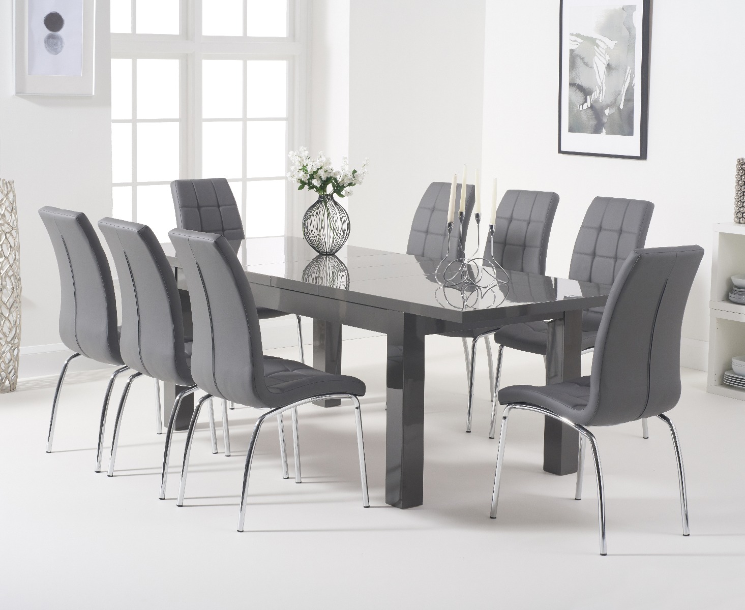 Product photograph of Extending Seattle Dark Grey Gloss 160-220cm Dining Table With 8 Red Enzo Chairs from Oak Furniture Superstore