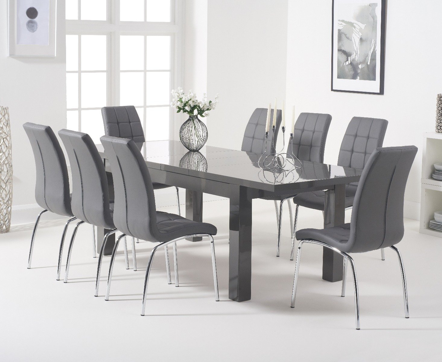 Extending Seattle Dark Grey Gloss 160220cm Dining Table With 8 Black Enzo Chairs