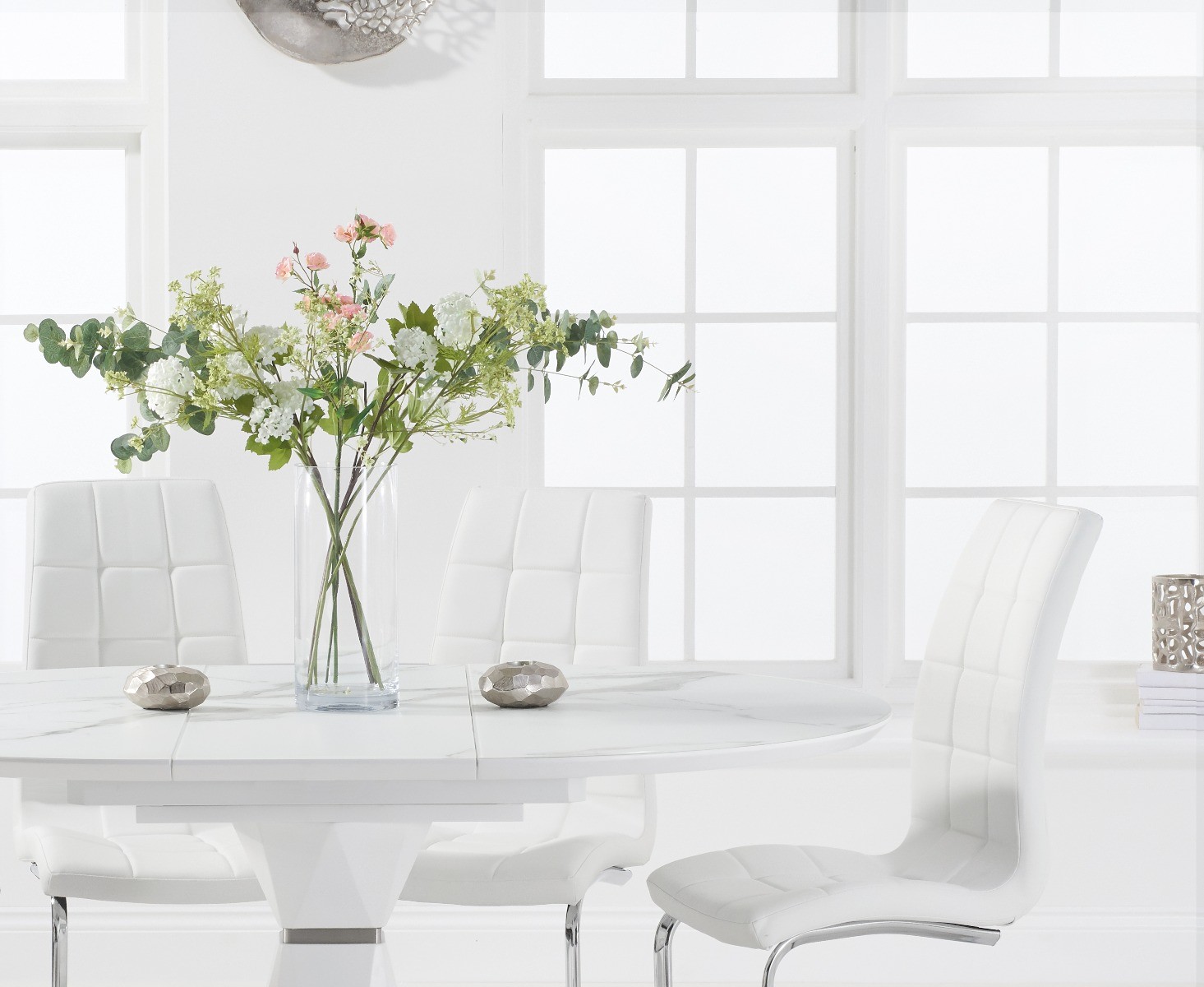 Photo 1 of Venosa 120cm round white extending dining table with 6 white vigo chairs