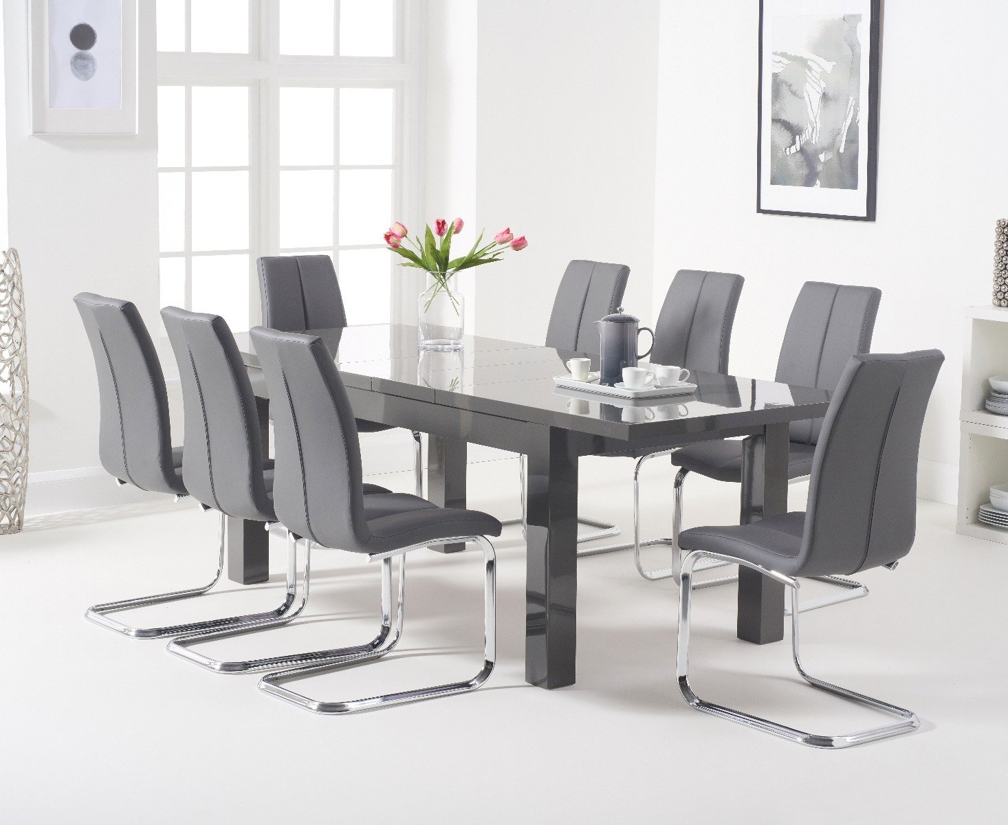 Atlanta Dark Grey Gloss 160220cm Extending Dining Table With 10 Grey Tarin Chairs