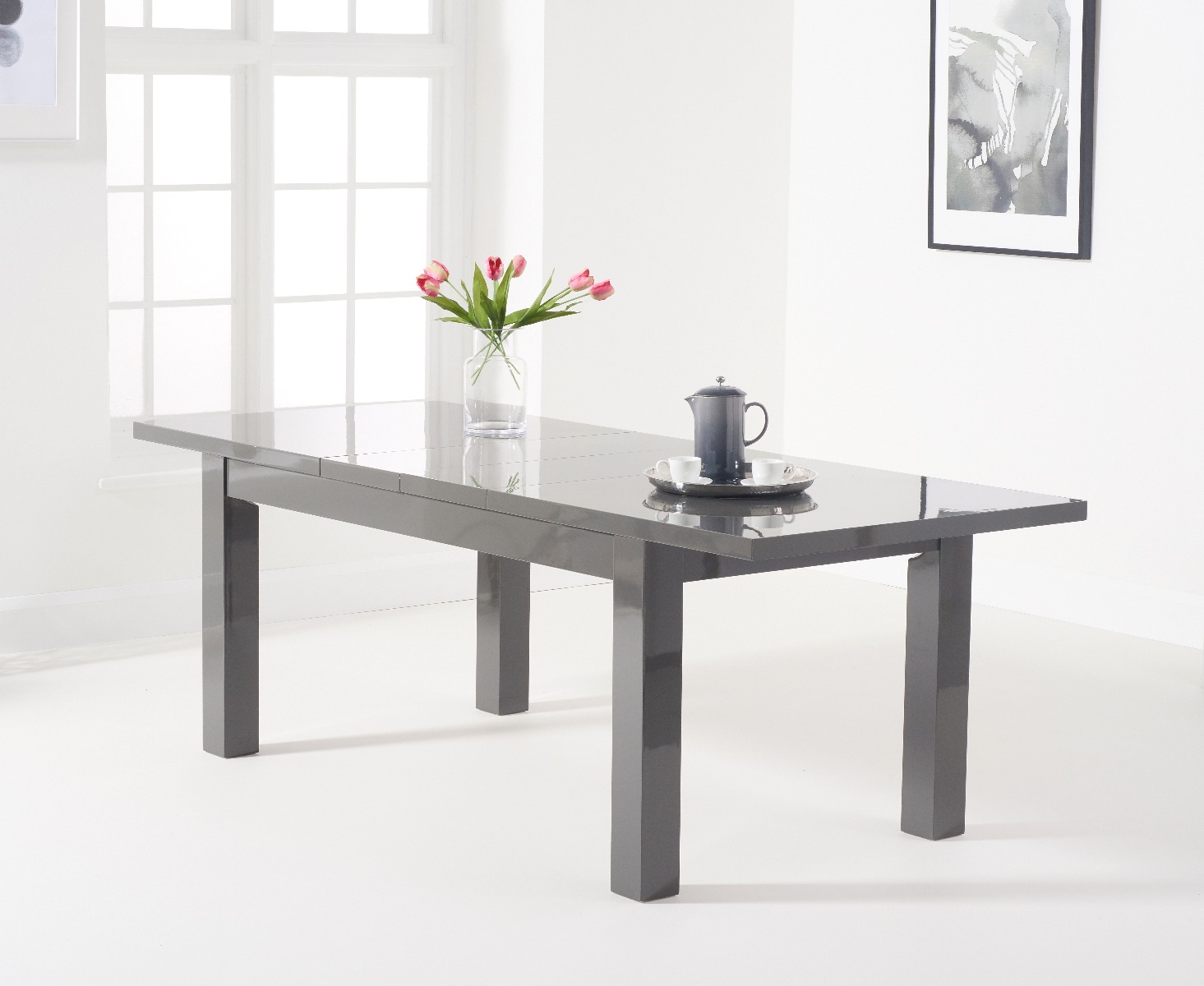 Photo 1 of Extending seattle dark grey gloss 160-220cm dining table with 4 white vigo chairs