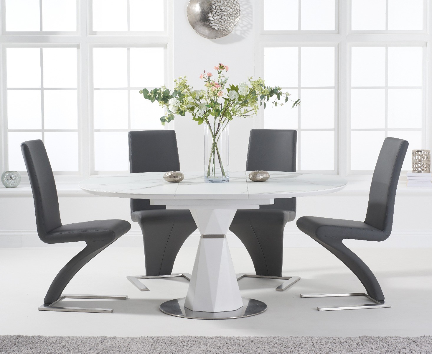 Photo 2 of Venosa 120cm round white dining table with 6 black aldo chairs