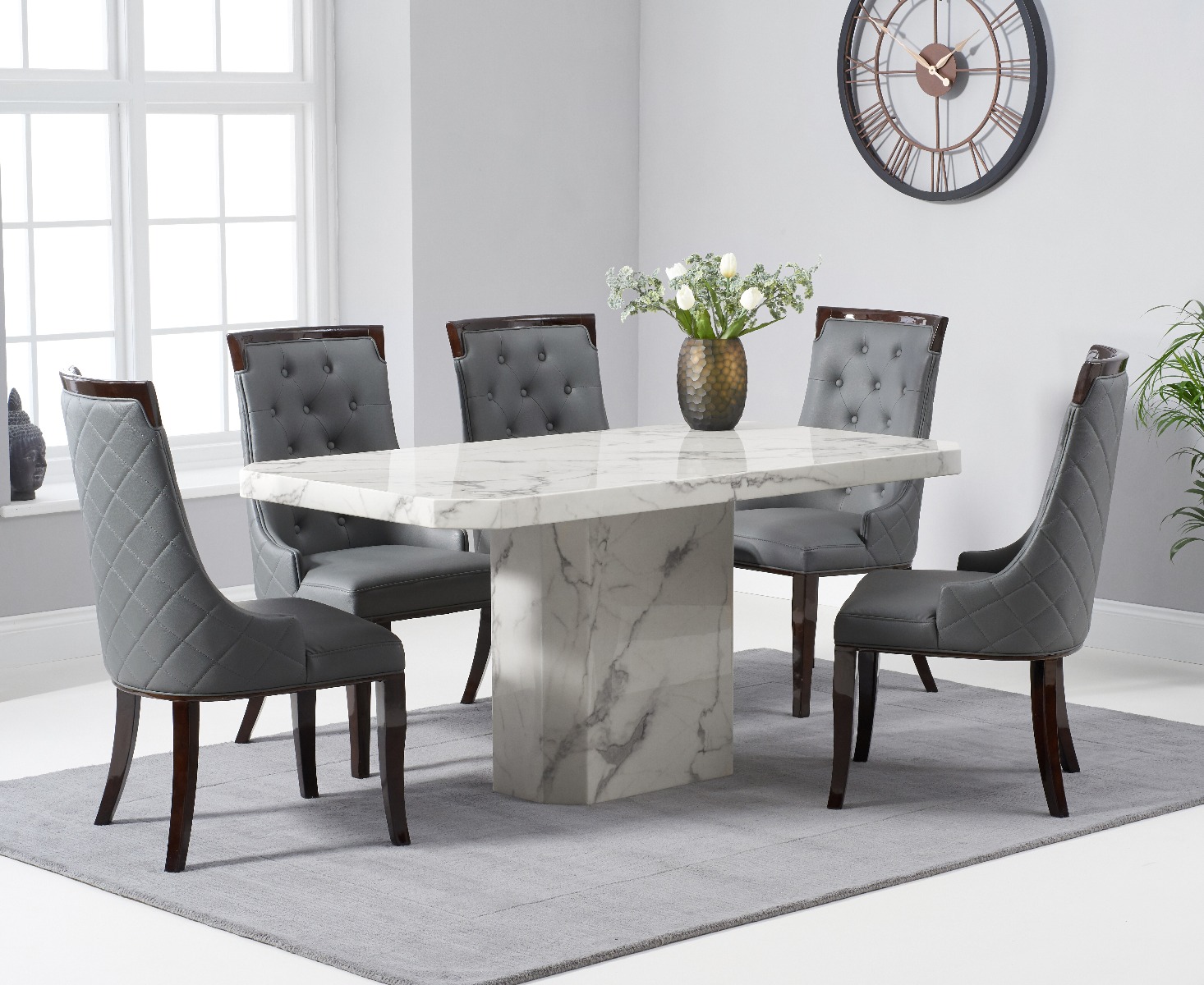 Product photograph of Belle 160cm White Marble Dining Table With 8 Grey Francesca Chairs from Oak Furniture Superstore