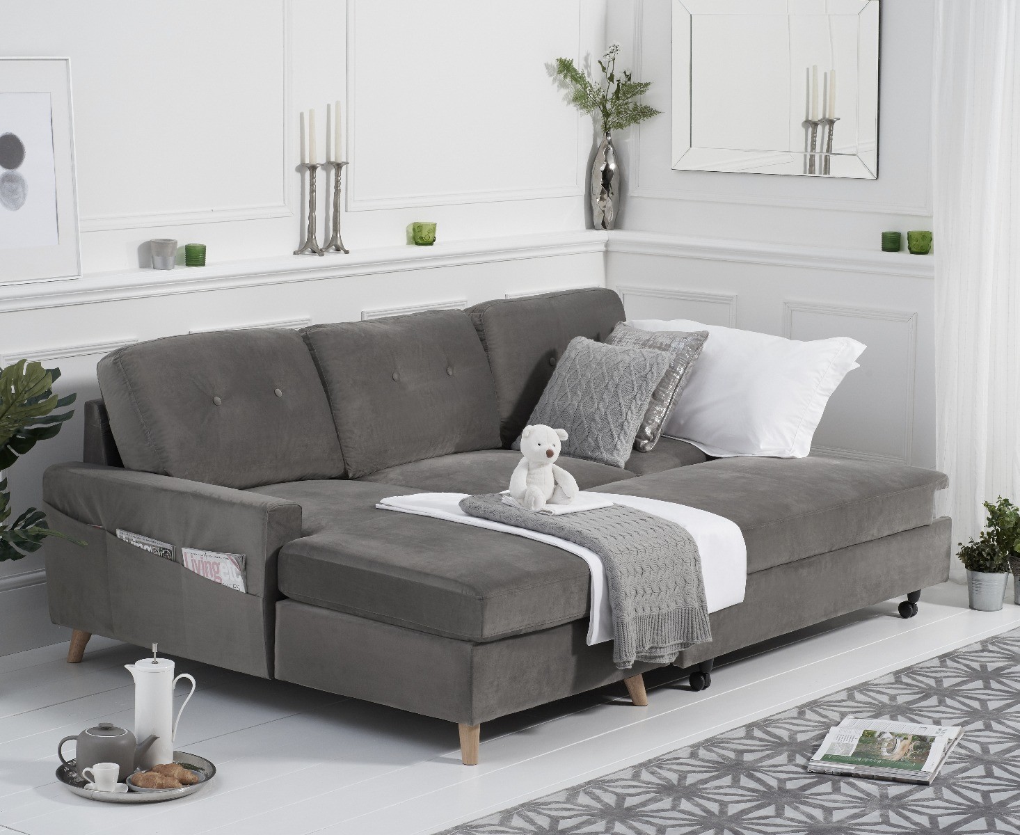 Product photograph of Florence Left Facing Chaise Sofa Bed In Grey Velvet from Oak Furniture Superstore.