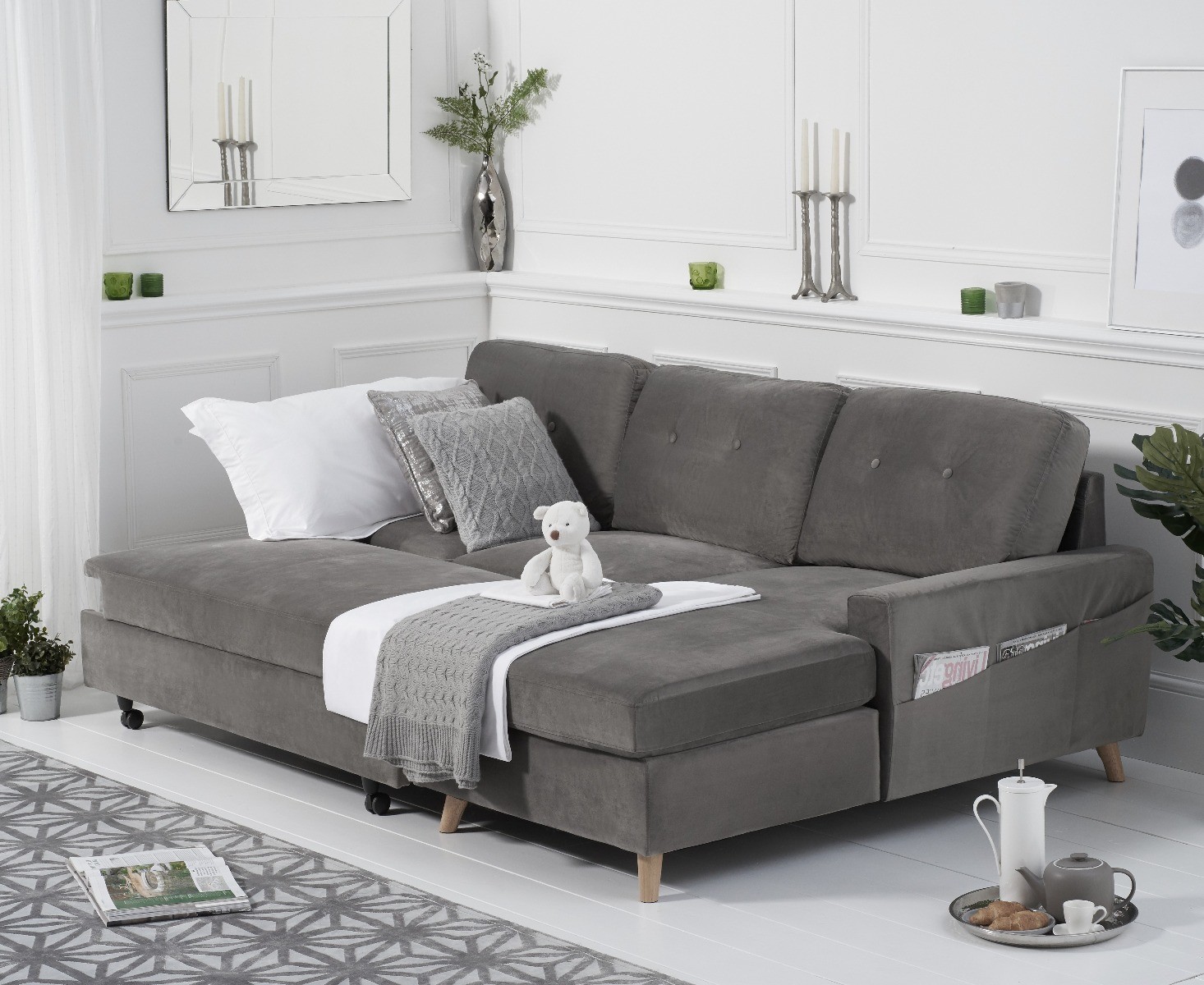 Product photograph of Florence Right Facing Chaise Sofa Bed In Grey Velvet from Oak Furniture Superstore.