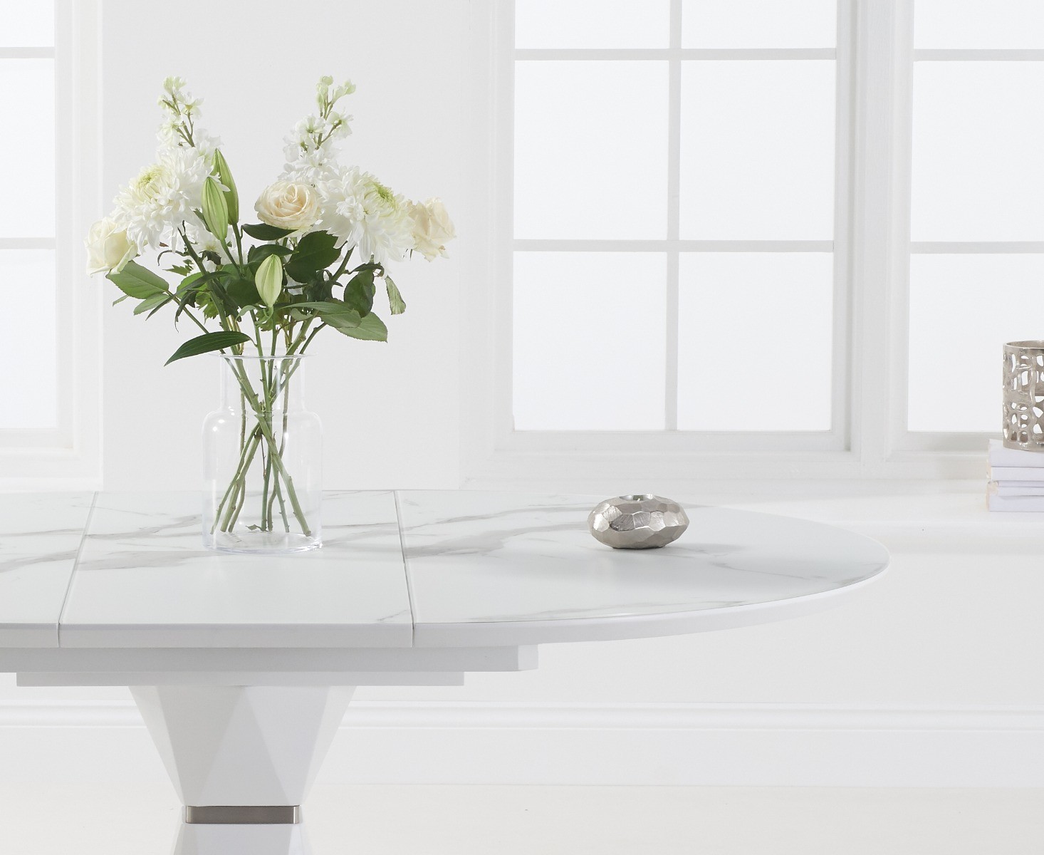 Photo 3 of Venosa 120cm round white extending dining table with 6 grey vigo chairs