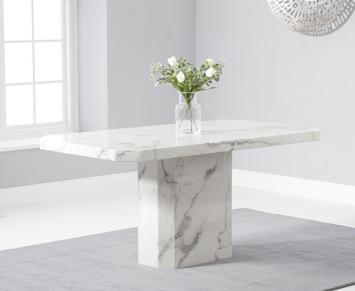 Photo 1 of Belle 160cm white marble dining table with 4 grey sophia chairs