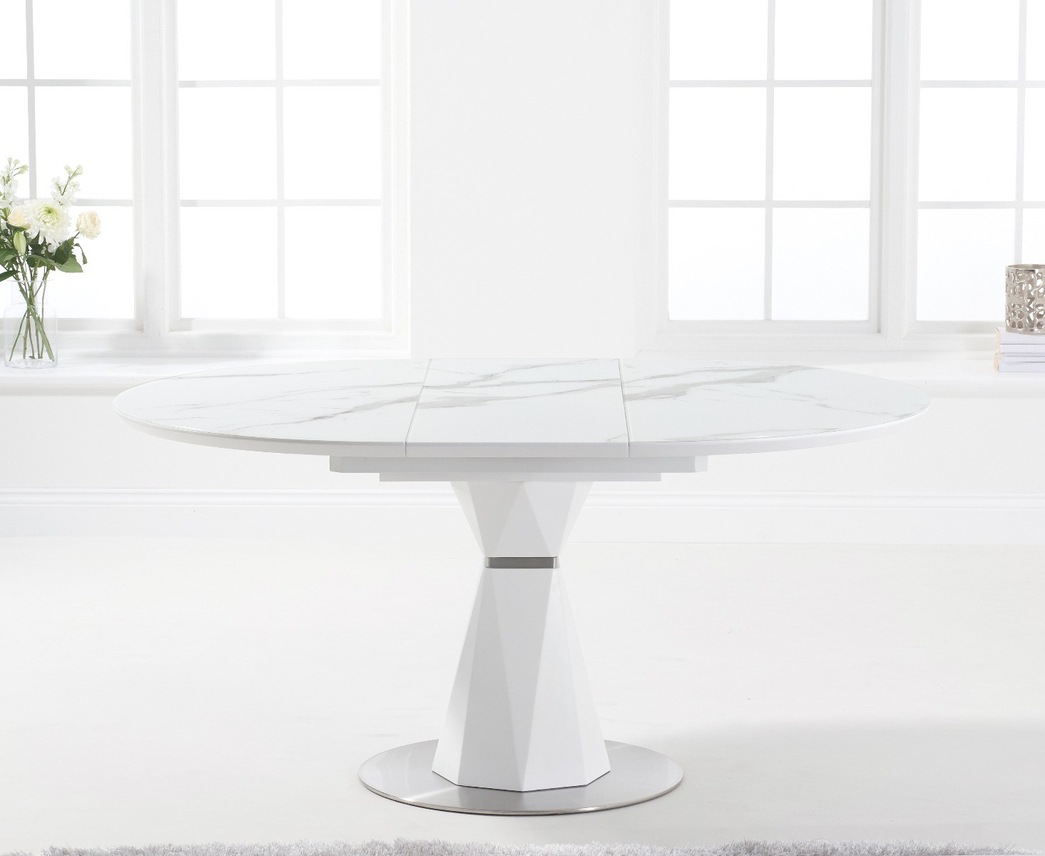 Photo 4 of Venosa 120cm round white extending dining table with 4 black vigo chairs