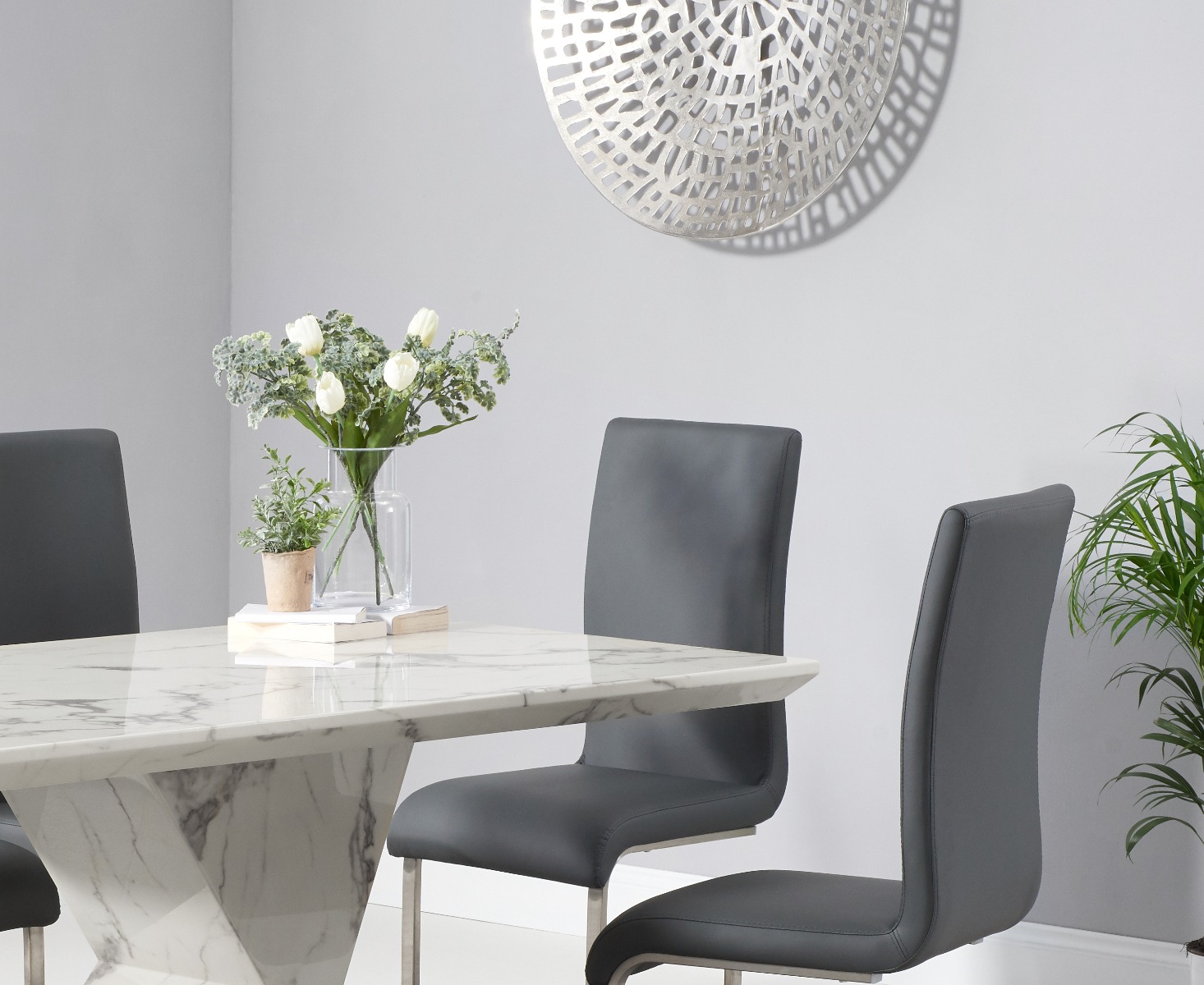 Photo 1 of Aaron 160cm white marble dining table with 4 grey austin dining chairs
