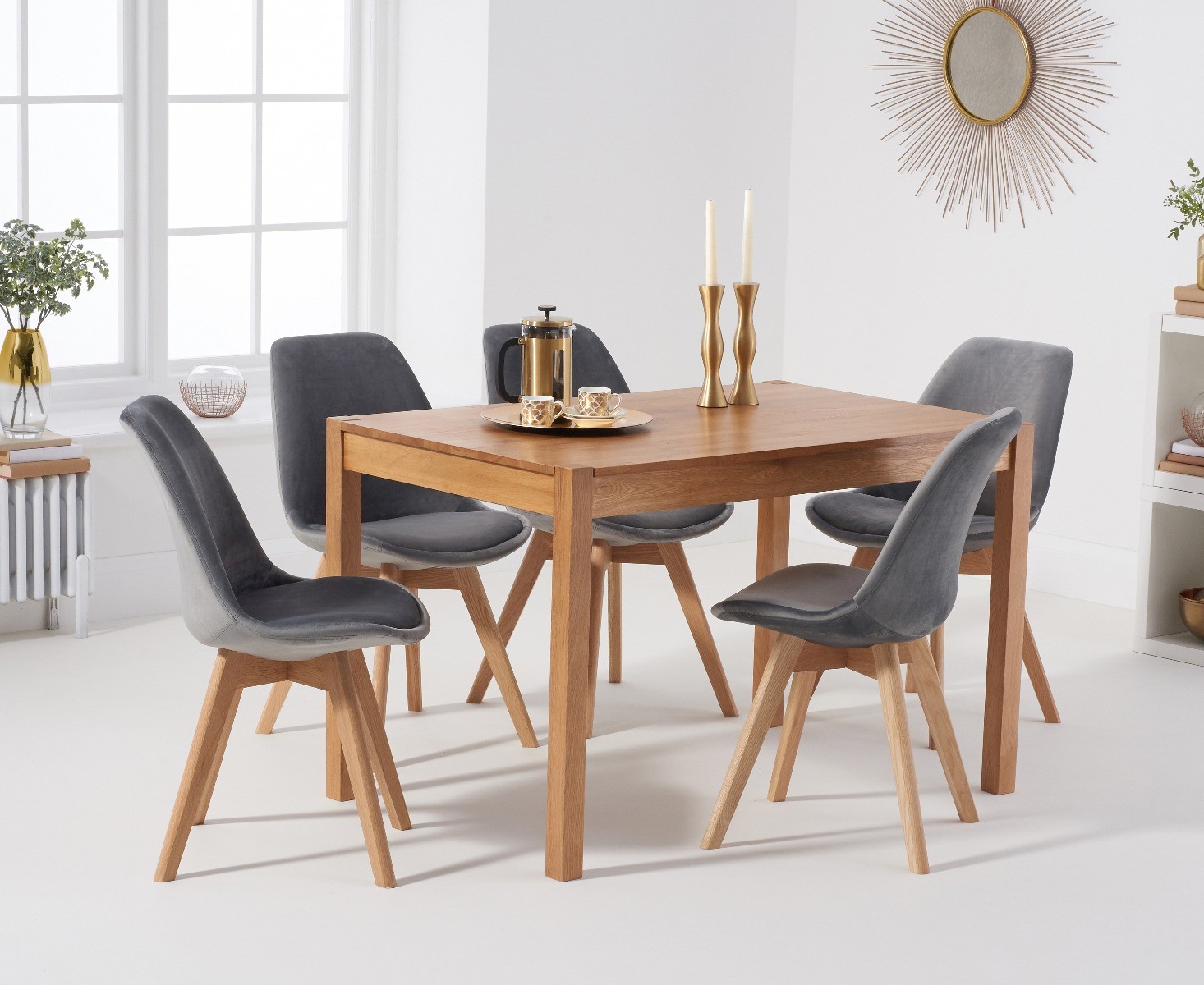 Product photograph of York 120cm Solid Oak Dining Table With 4 Grey Orson Velvet Chairs from Oak Furniture Superstore