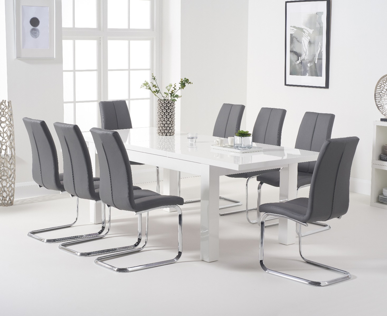 Product photograph of Atlanta White Gloss 160-220cm Extending Dining Table With 10 Grey Gianni Chairs from Oak Furniture Superstore