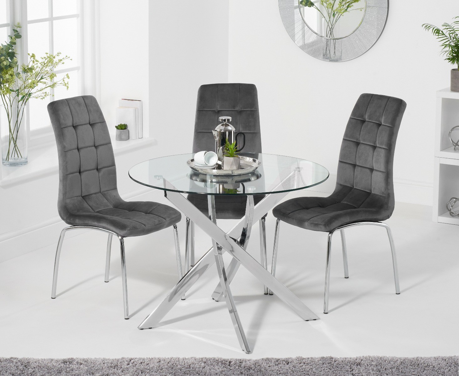 Photo 1 of Denver 95cm glass dining table with 4 grey enzo velvet chairs