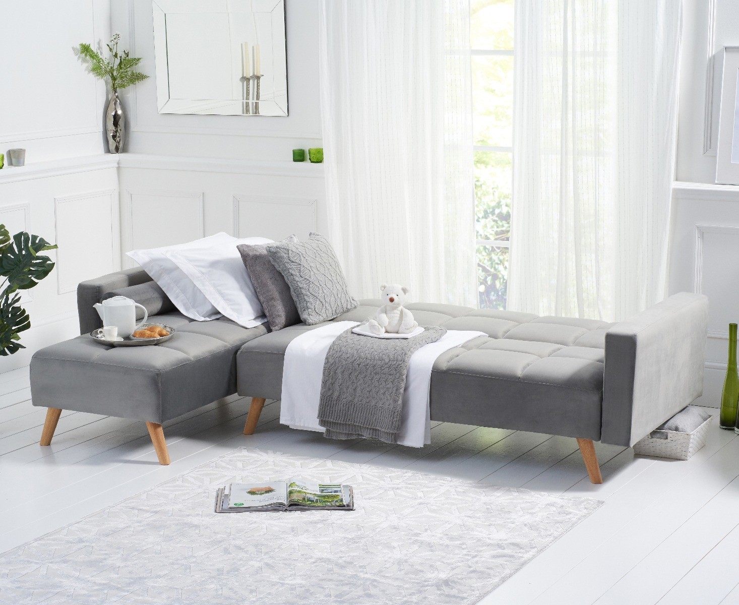Product photograph of Ethan Grey Velvet Left Hand Facing Chaise Sofa Bed from Oak Furniture Superstore.
