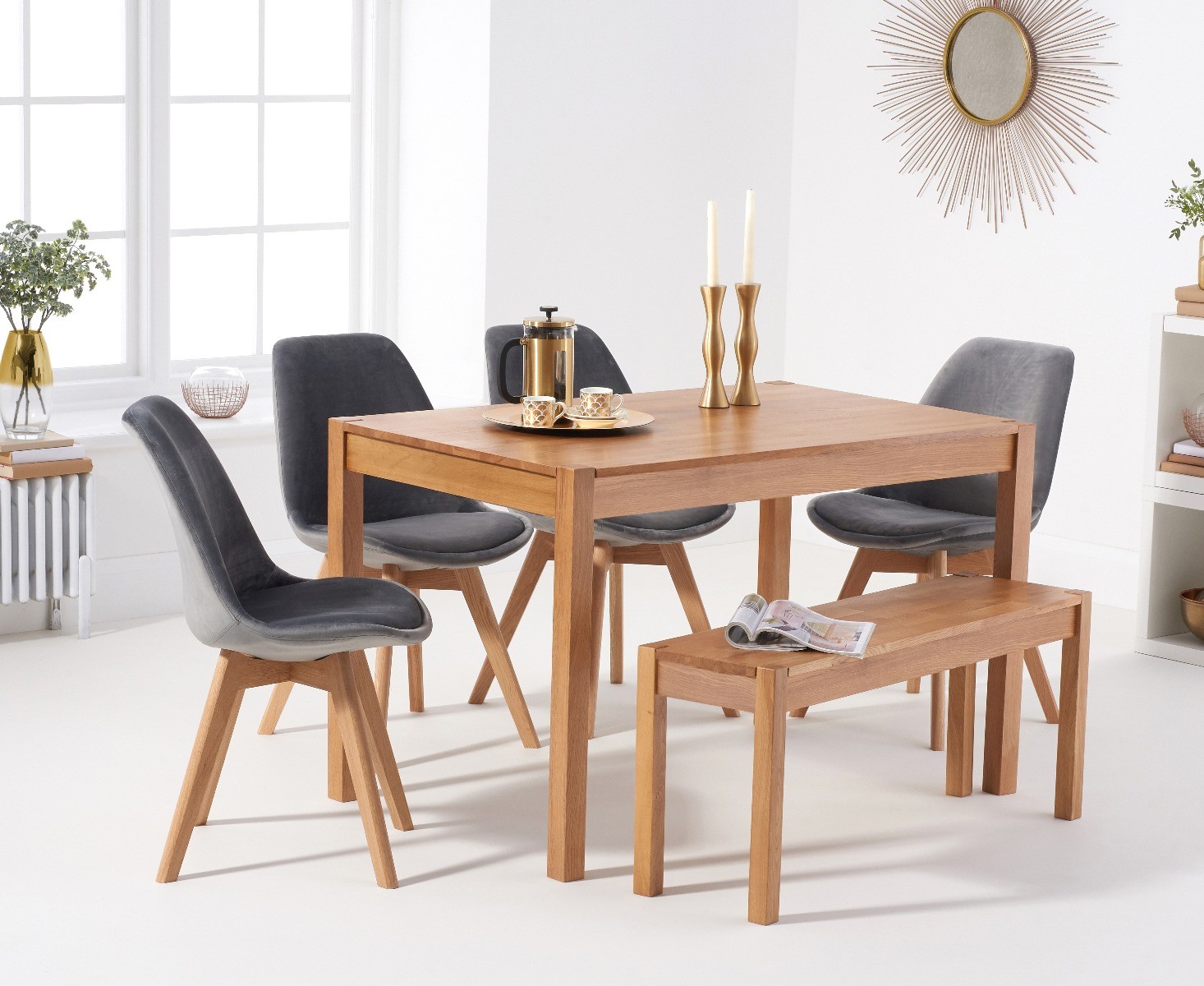 York 120cm Solid Oak Dining Table With 4 Grey Orson Velvet Chairs And 1 York Bench