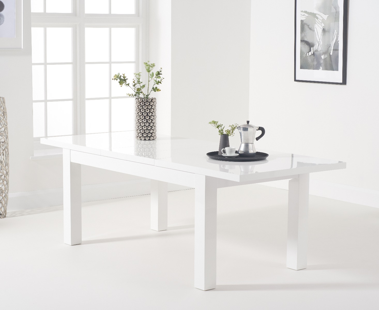 Photo 1 of Atlanta white gloss 160-220cm extending dining table with 4 grey gianni chairs