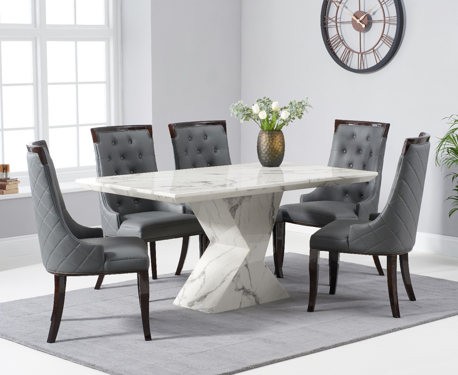 Product photograph of Aaron 160cm White Marble Dining Table With 8 Cream Francesca Dining Chairs from Oak Furniture Superstore