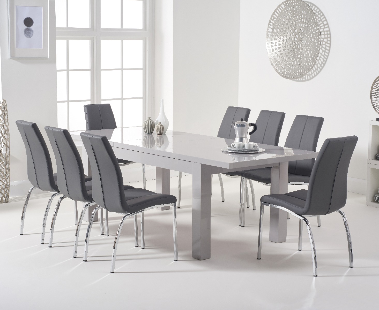 Product photograph of Extending Seattle Light Grey Gloss 160-220cm Dining Table With 8 Black Marco Chairs from Oak Furniture Superstore