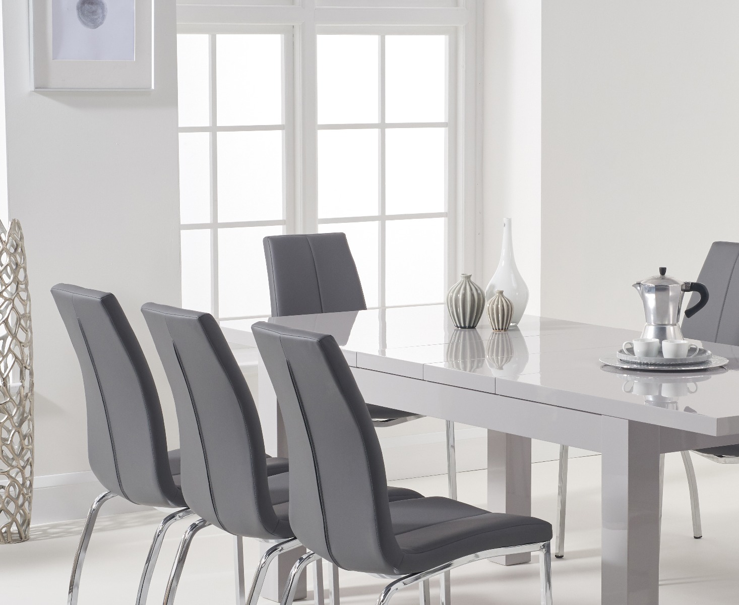 Photo 2 of Extending seattle 160cm light grey high gloss dining table with 8 grey marco chairs