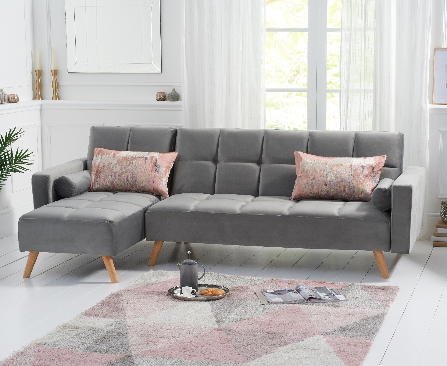 Product photograph of Ethan Grey Velvet Left Hand Facing Chaise Sofa Bed from Oak Furniture Superstore