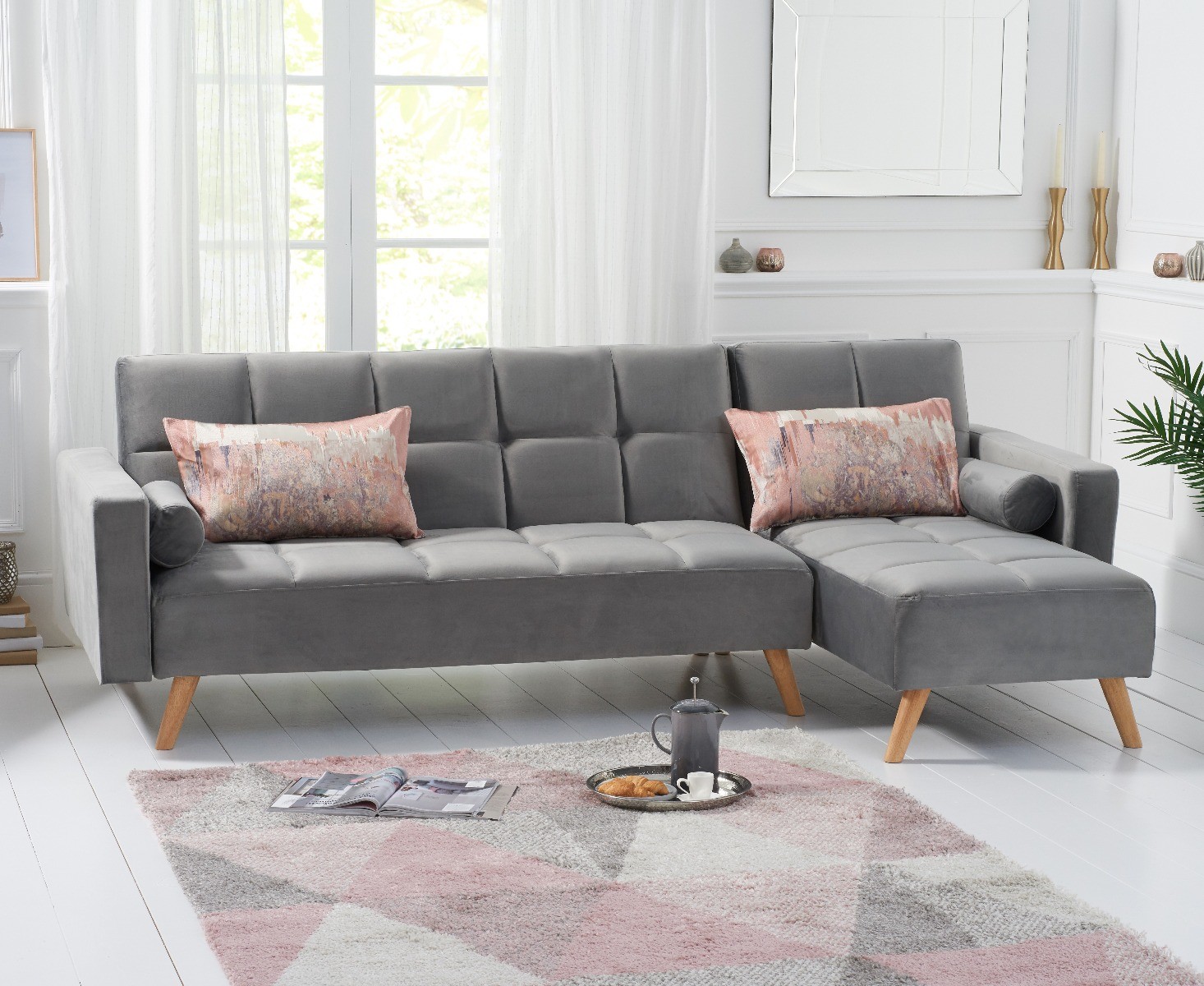 Product photograph of Ethan Grey Velvet Right Hand Facing Chaise Sofa Bed from Oak Furniture Superstore