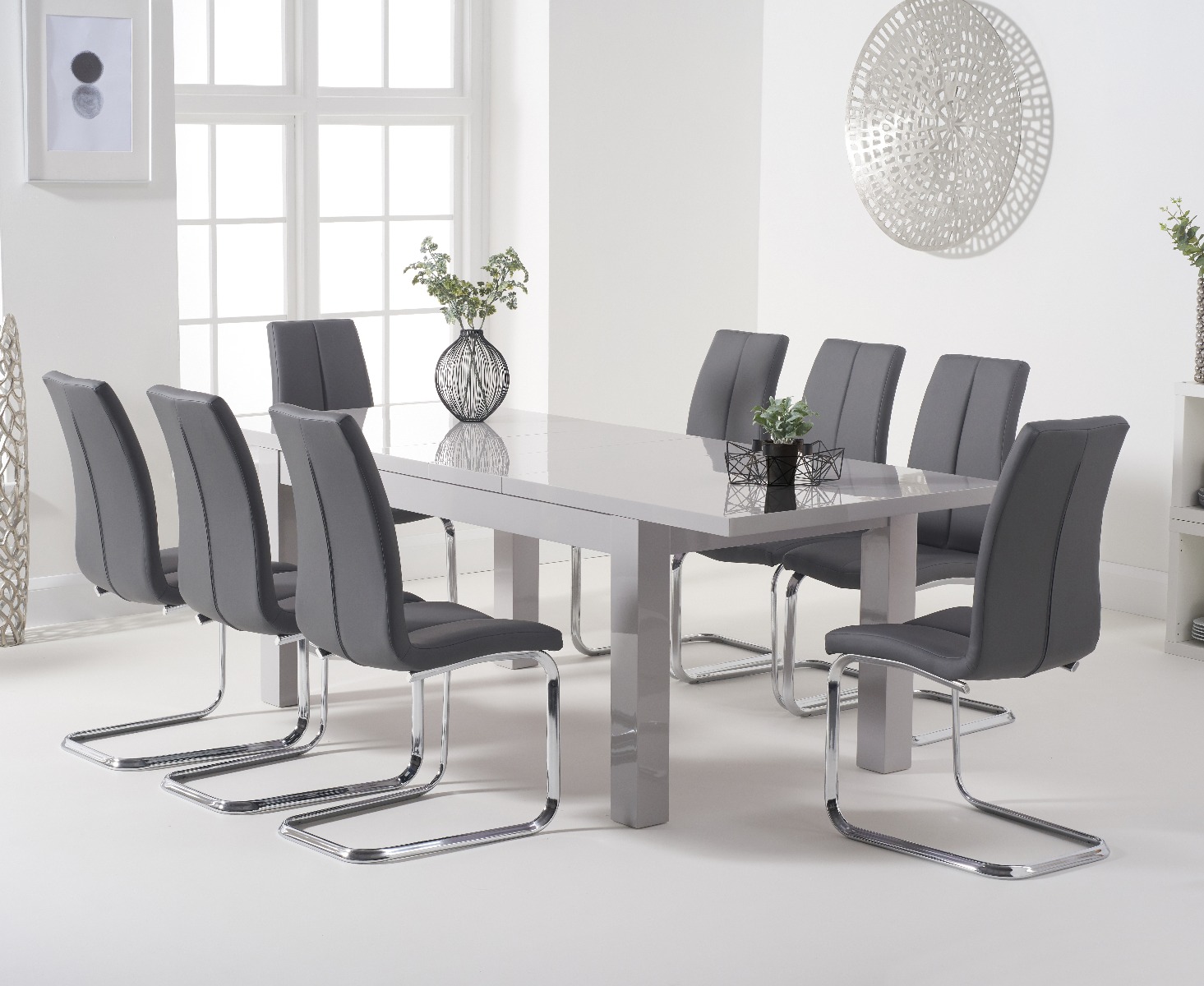 Product photograph of Extending Seattle 160cm Light Grey High Gloss Dining Table With 10 Grey Gianni Chairs from Oak Furniture Superstore