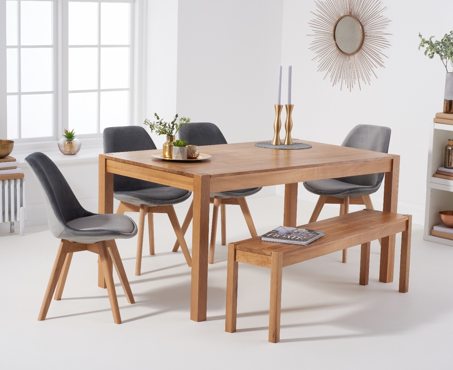 Product photograph of York 150cm Solid Oak Dining Table With 4 Grey Orson Velvet Chairs And 2 Benches from Oak Furniture Superstore
