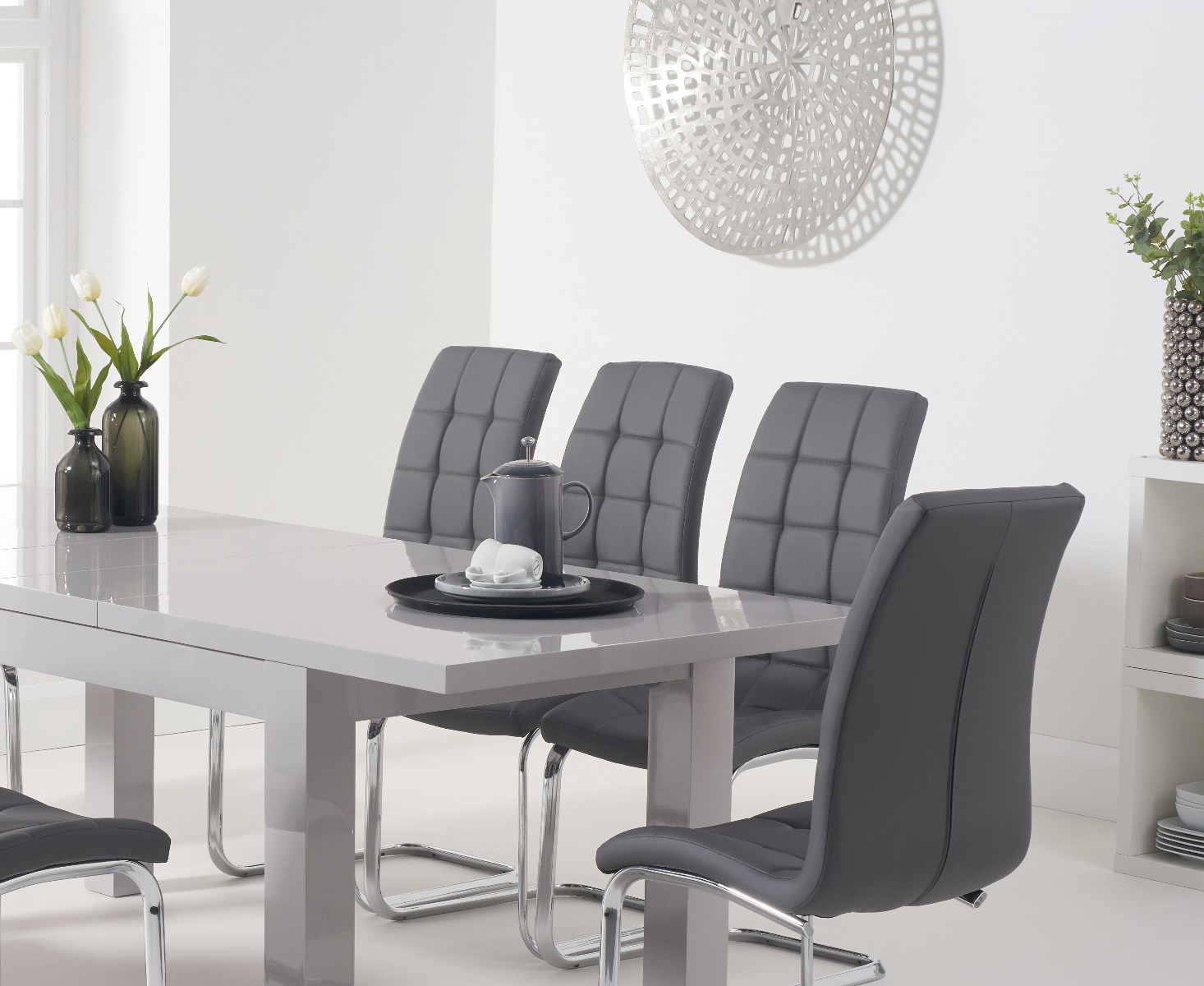 Photo 1 of Atlanta light grey gloss 160-220cm extending dining table with 6 black vigo chairs