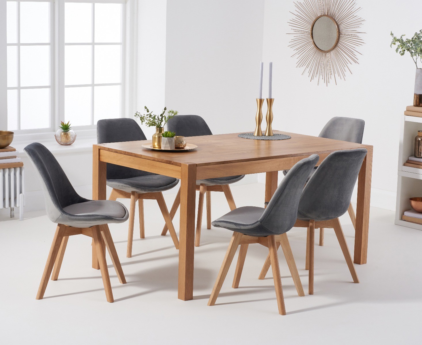 Product photograph of Oxford 150cm Solid Oak Dining Table With 8 Grey Orson Velvet Chairs from Oak Furniture Superstore