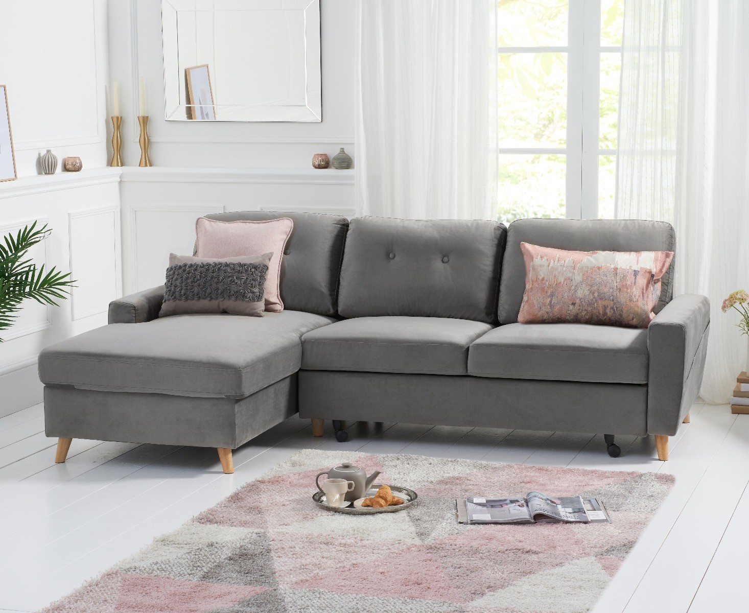 Product photograph of Florence Left Facing Chaise Sofa Bed In Grey Velvet from Oak Furniture Superstore
