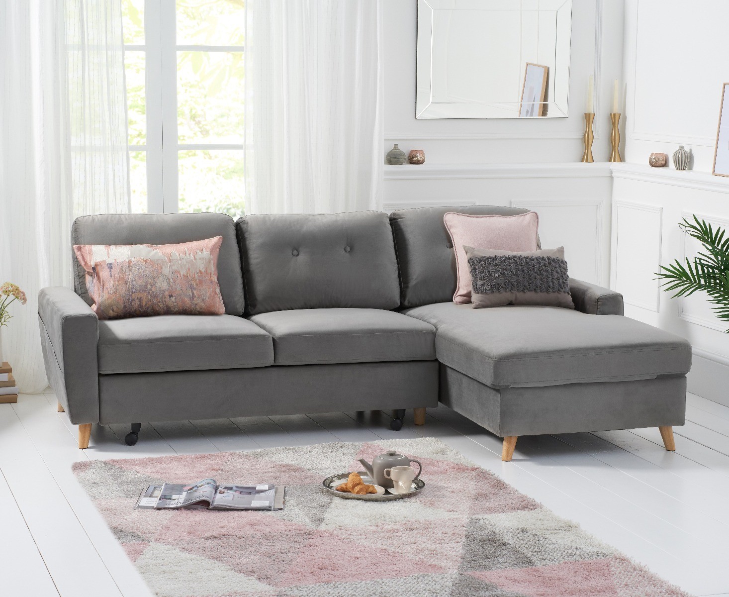 Product photograph of Florence Right Facing Chaise Sofa Bed In Grey Velvet from Oak Furniture Superstore