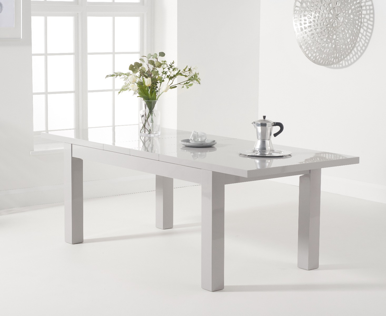 Photo 2 of Atlanta light grey gloss 160-220cm extending dining table with 6 white vigo chairs