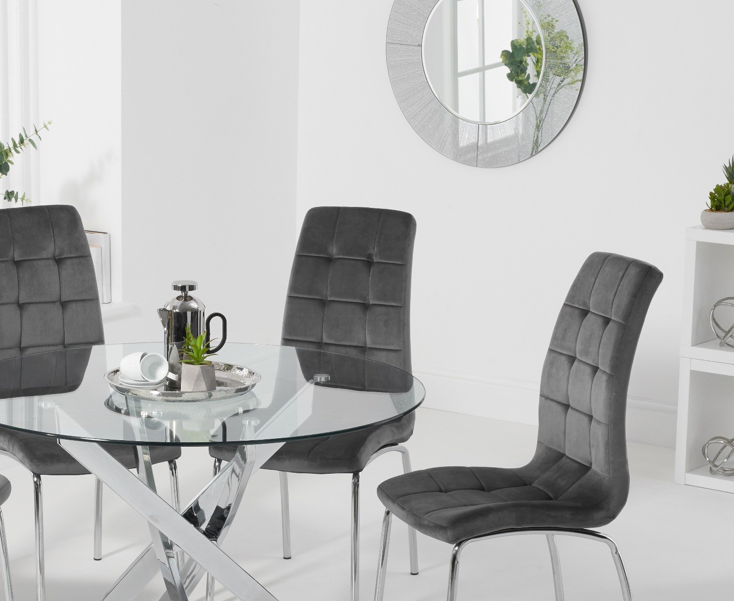 Photo 1 of Denver 120cm glass dining table with 6 grey enzo velvet chairs