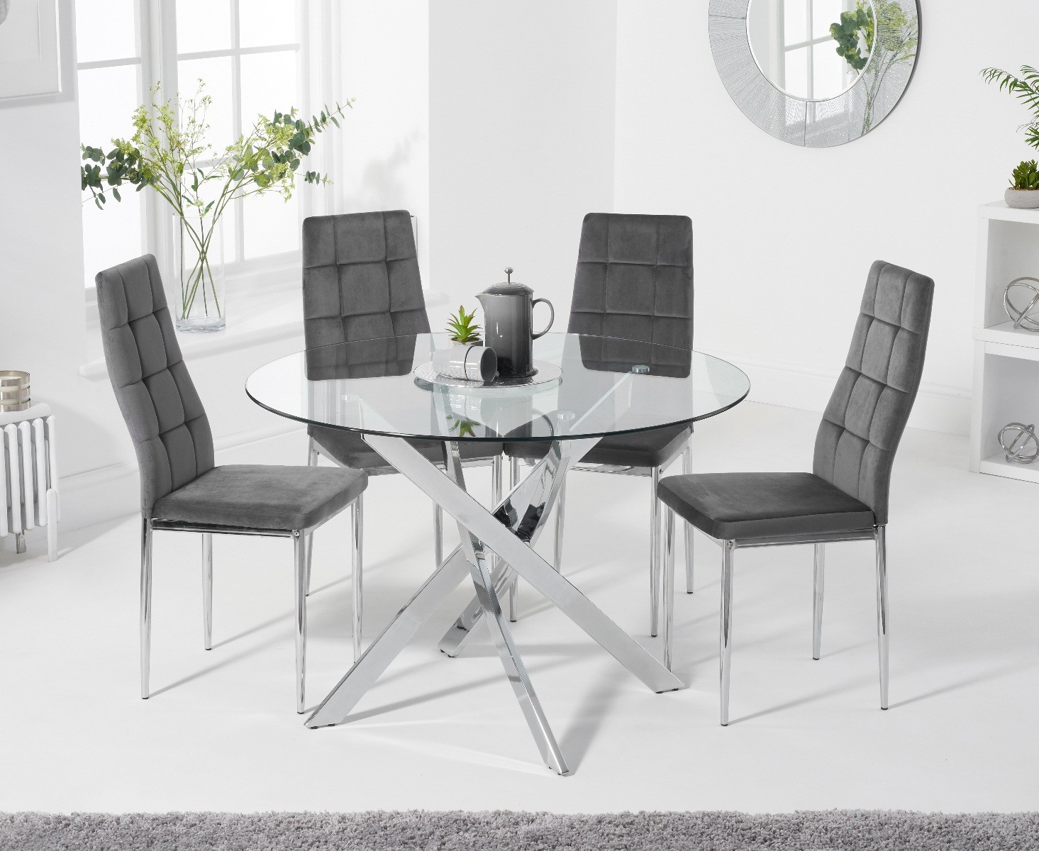 Product photograph of Denver 95cm Glass Dining Table With 4 Grey Angelo Velvet Chairs from Oak Furniture Superstore