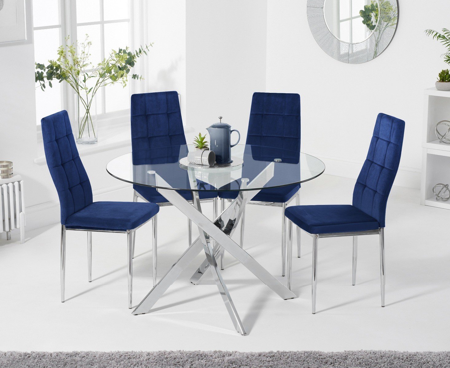 Product photograph of Denver 110cm Glass Dining Table With 4 Grey Melissa Chairs from Oak Furniture Superstore