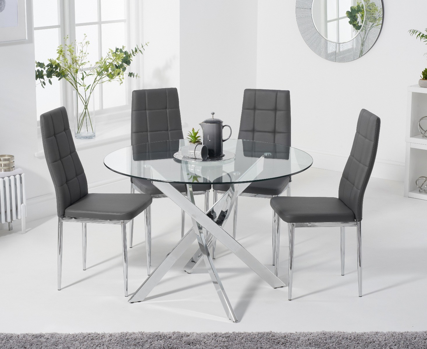 Product photograph of Denver 95cm Glass Dining Table With 4 Grey Angelo Faux Leather Chairs from Oak Furniture Superstore