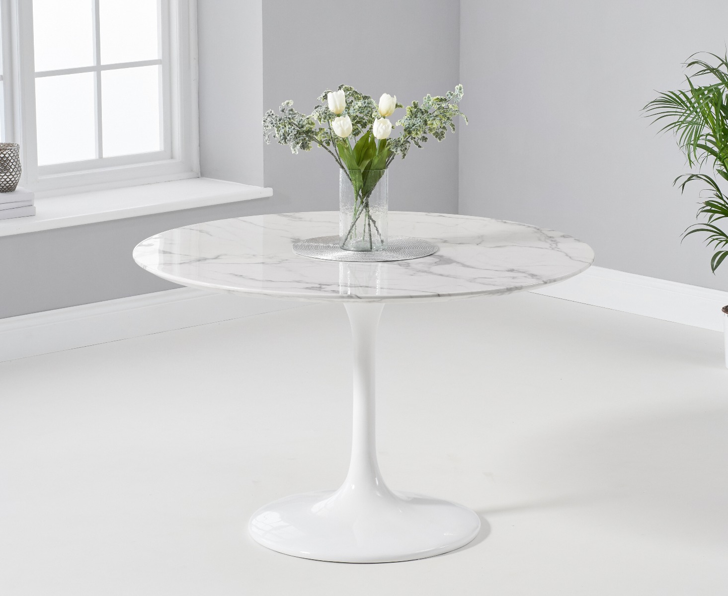 Photo 2 of Brighton 120cm round white marble dining table with 2 grey gianni dining chairs