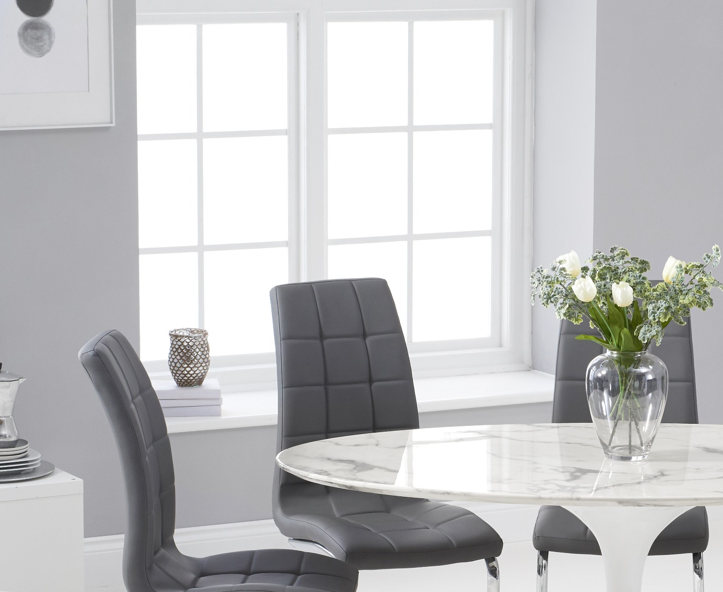 Photo 1 of Brighton 160cm oval white marble dining table with 8 grey vigo dining chairs
