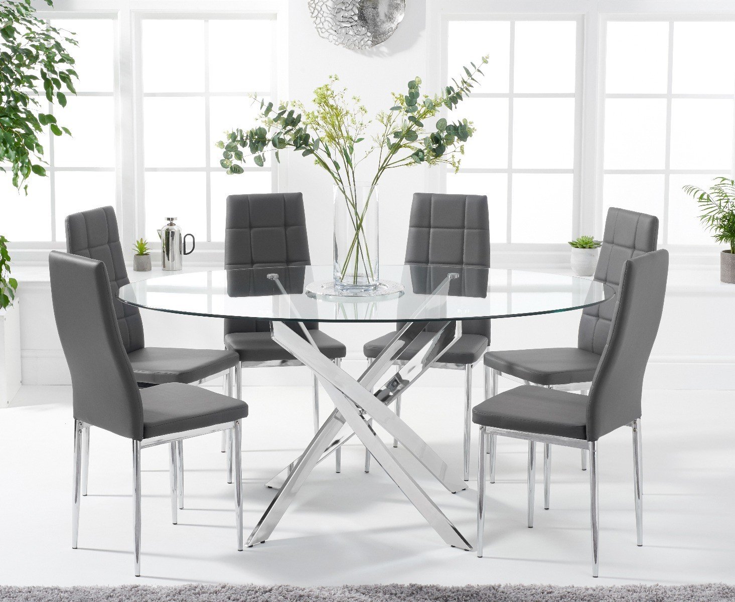 Denver 165cm Oval Glass Dining Table With 8 Grey Catalina Chairs