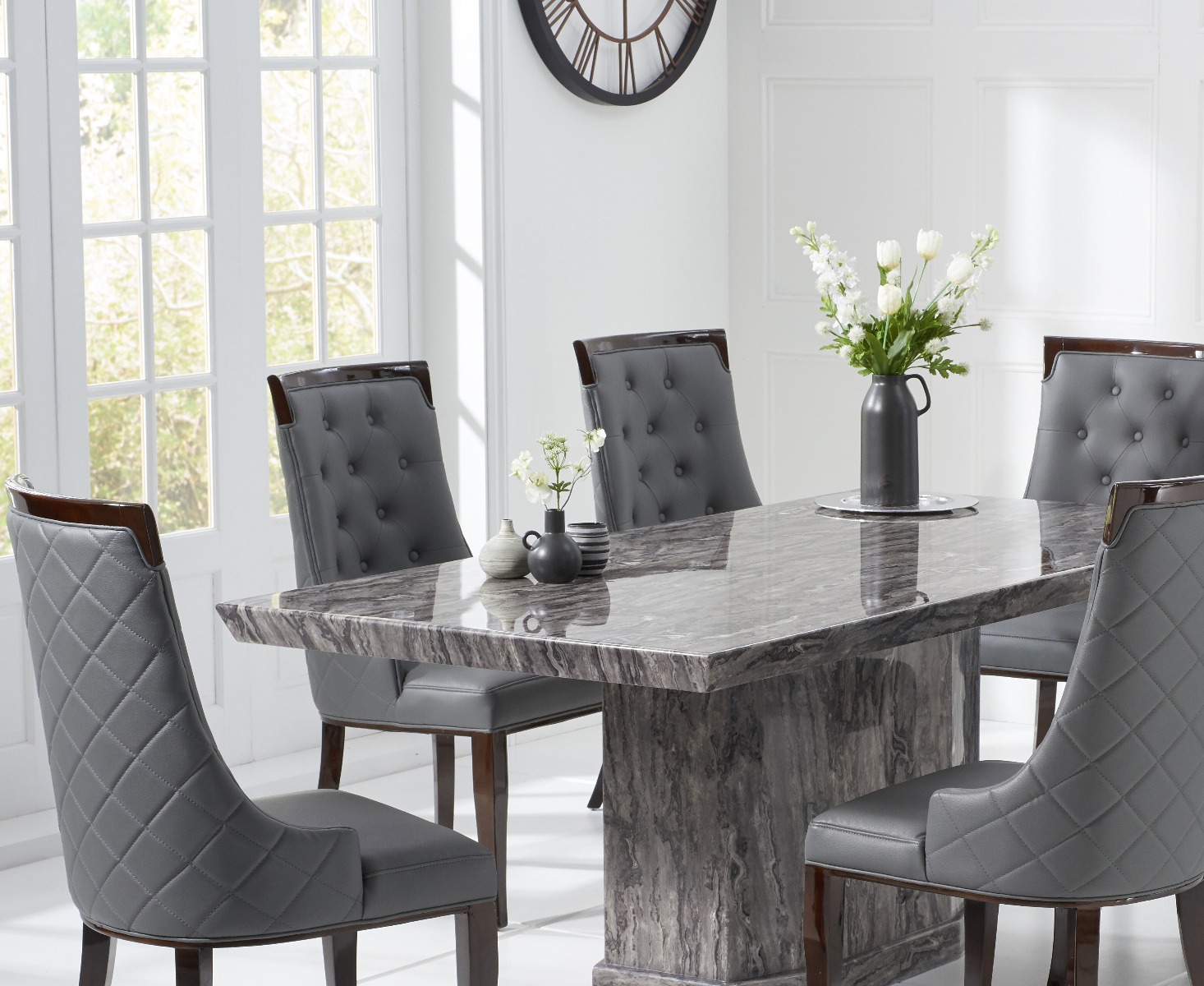Photo 3 of Carvelle 200cm dark grey pedestal marble dining table with 8 cream francesca chairs