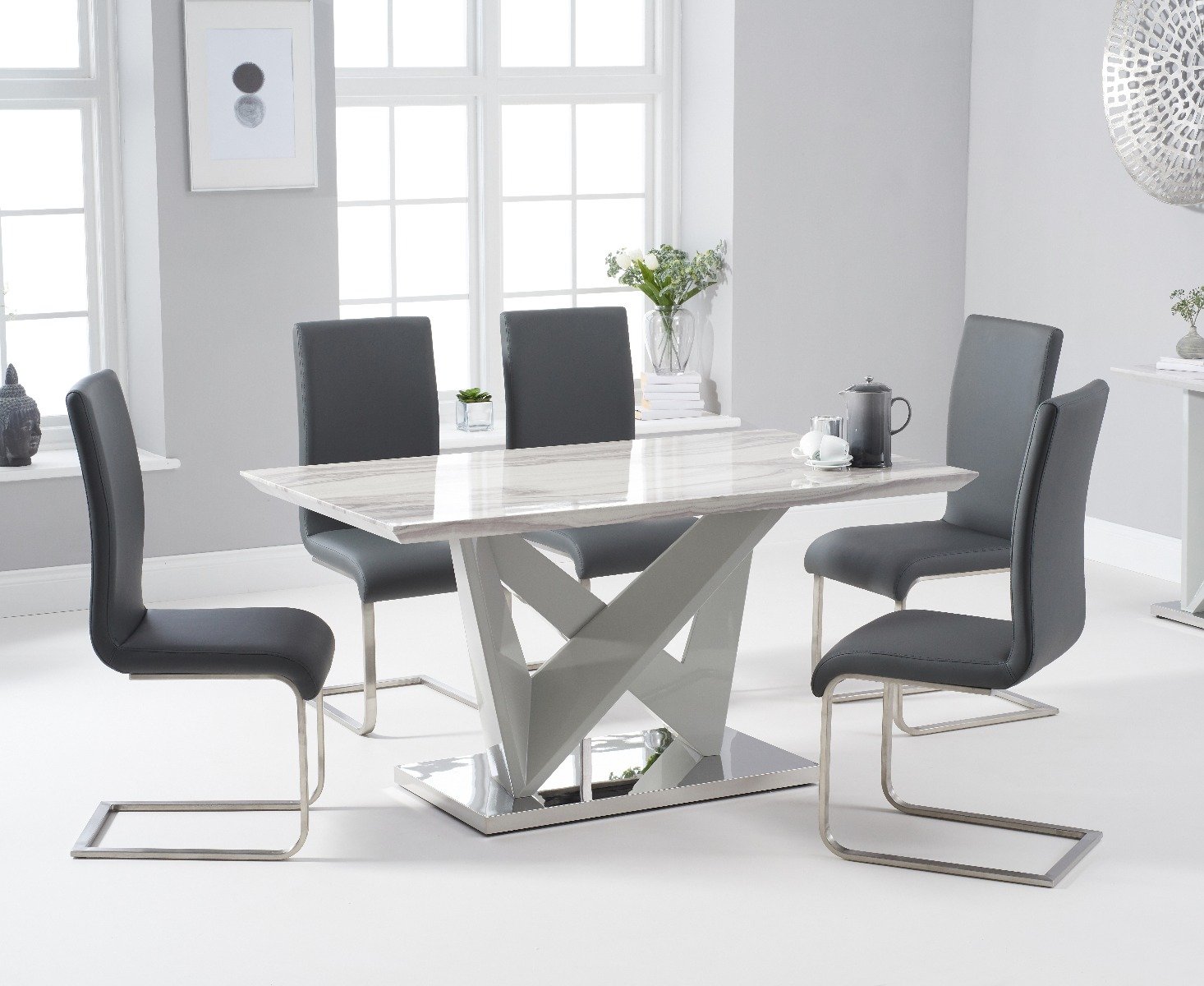 Marcella 150cm Marble Effect Carrera Light Grey Dining Table With 6 Grey Austin Chairs