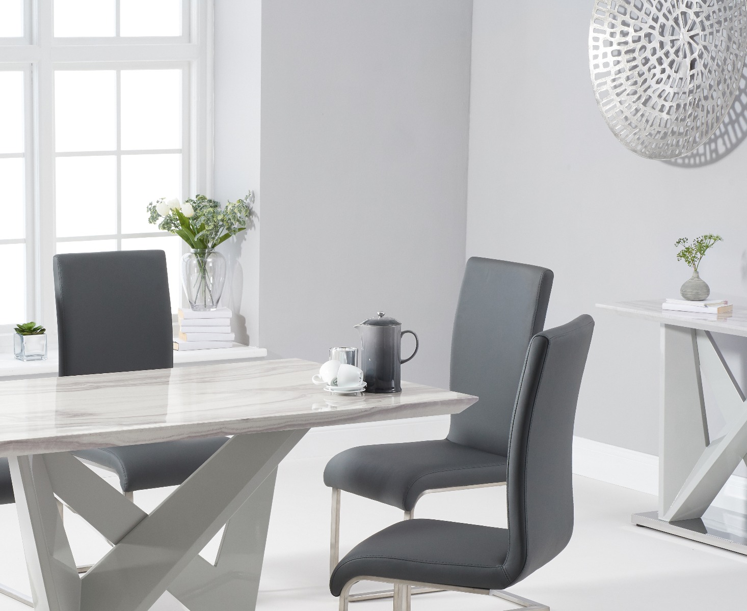 Photo 1 of Reims 150cm marble effect carrera light grey dining table with 6 black austin dining chairs