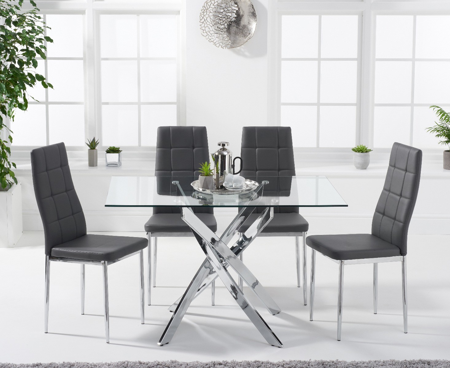 Product photograph of Denver 120cm Rectangular Glass Dining Table With 6 Grey Angelo Faux Leather Chairs from Oak Furniture Superstore